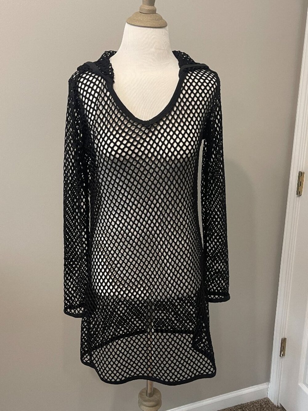 Balance Hooded Fishnet Swim Cover-up Black Medium